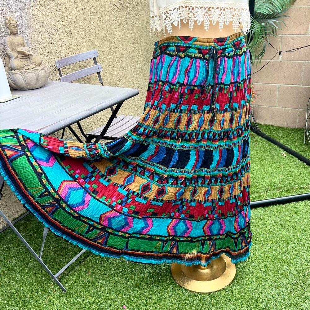 Vintage Flowy Multicolored Drawstring Cotton Boho Maxi Skirt